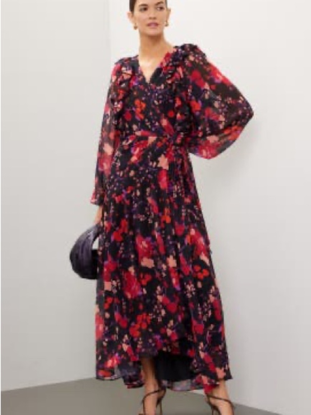 Slate & Willow Floral Midi Wrap Dress Black Red Ruffle Romantic Size S